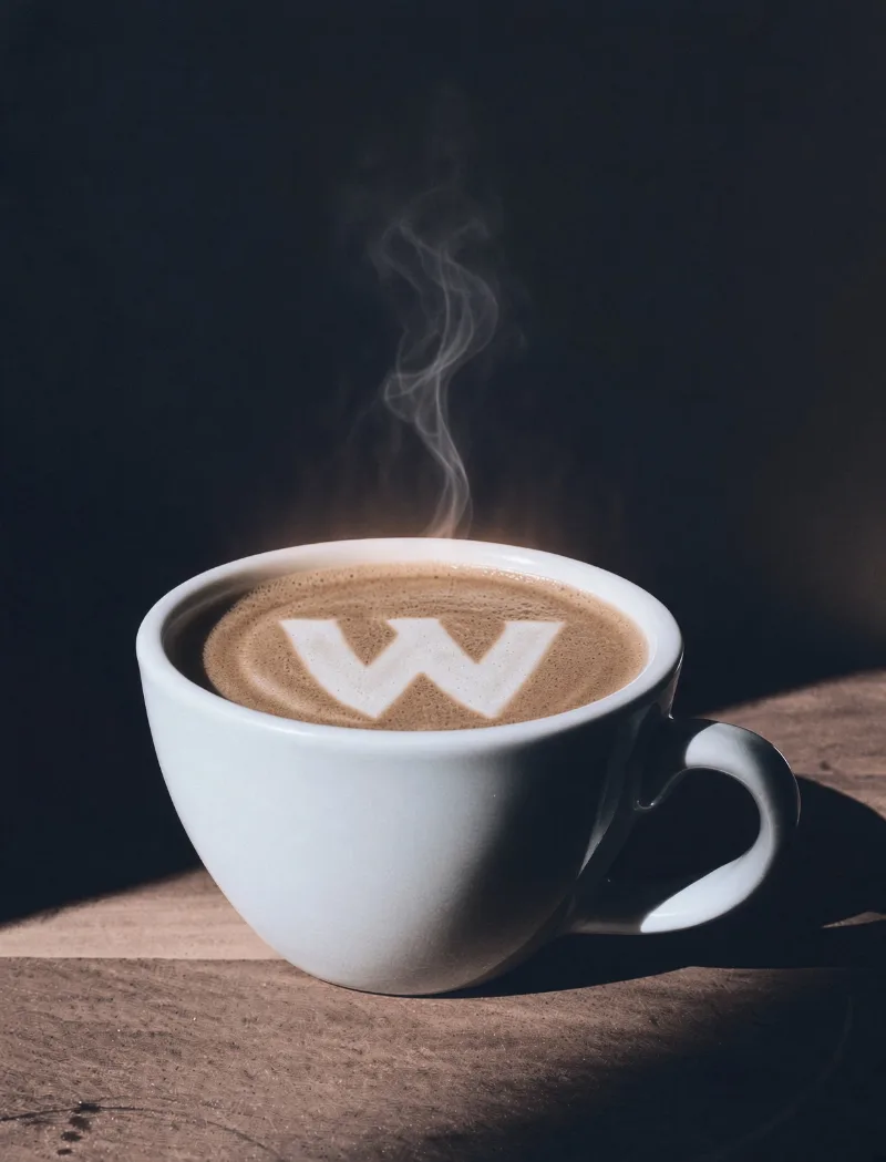 Une tasse de café dont la mousse dessine le W de Walrus Labs